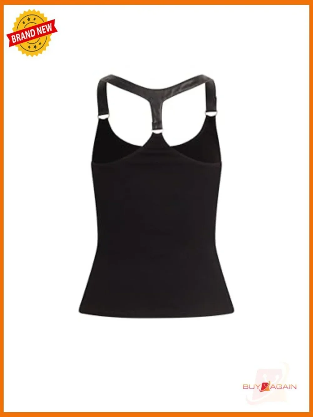 Fitted Rib Knit Tank Top with Faux Leather Straps, Snap Closure